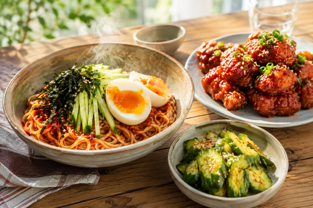 ビビン麺、ヤンニョムチキン、きゅうり和え