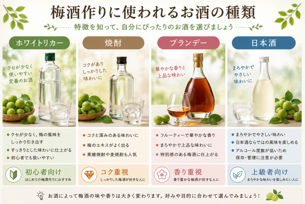 梅酒作りに使われるお酒(ホワイトリカー、焼酎、ブランデー)