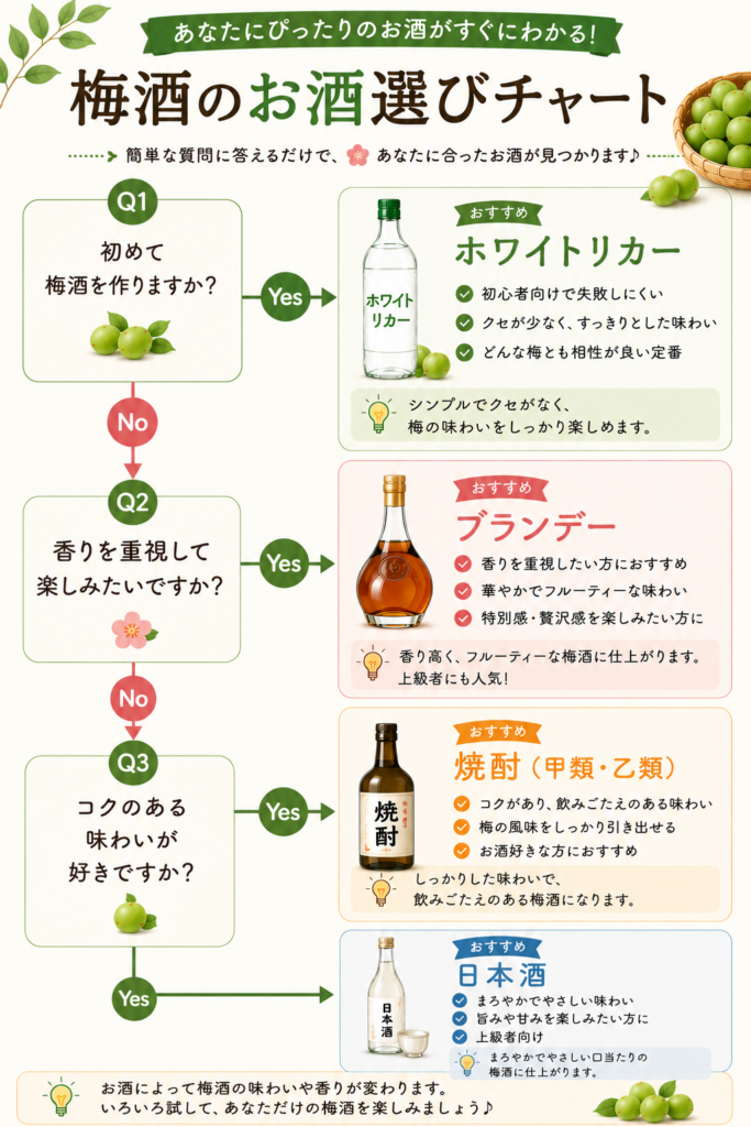 梅酒に使うお酒選びチャート(ホワイトリカー、焼酎、ブランデー、日本酒)