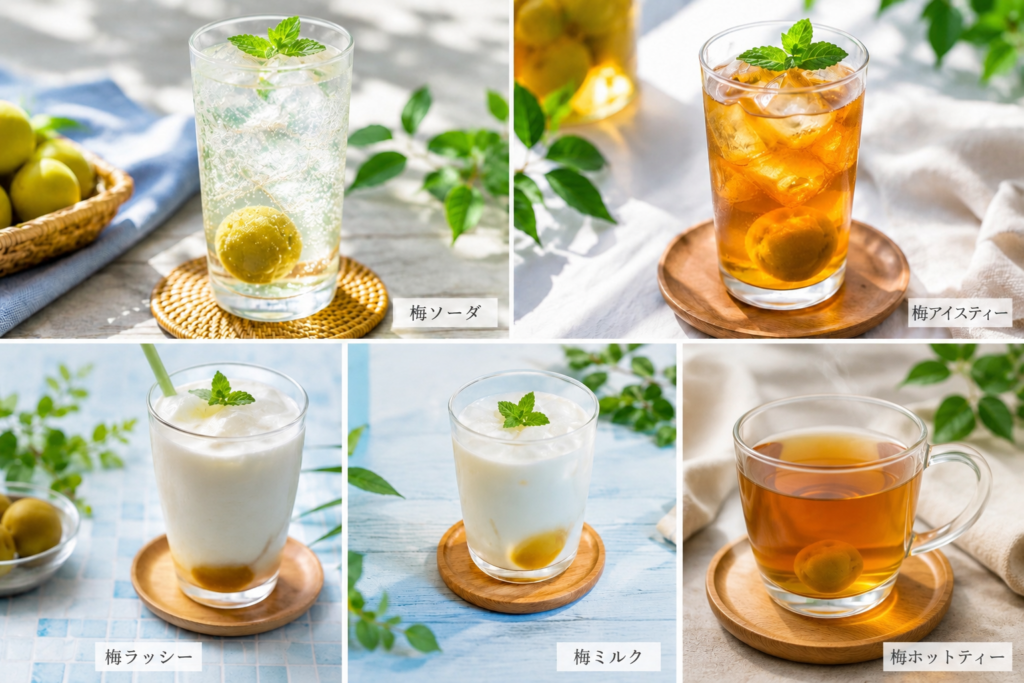 梅ソーダ、梅アイスティー、梅ラッシー、梅ミルク、梅ホットティー
