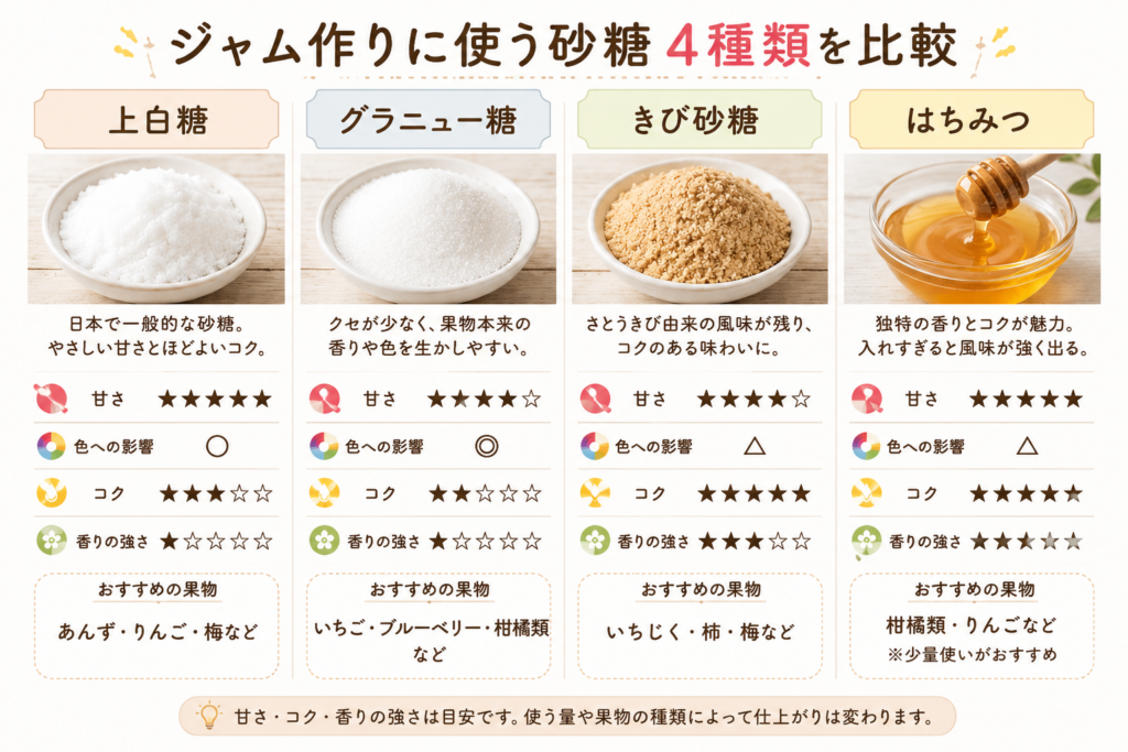 ジャム作りに使う砂糖4種類を比較
