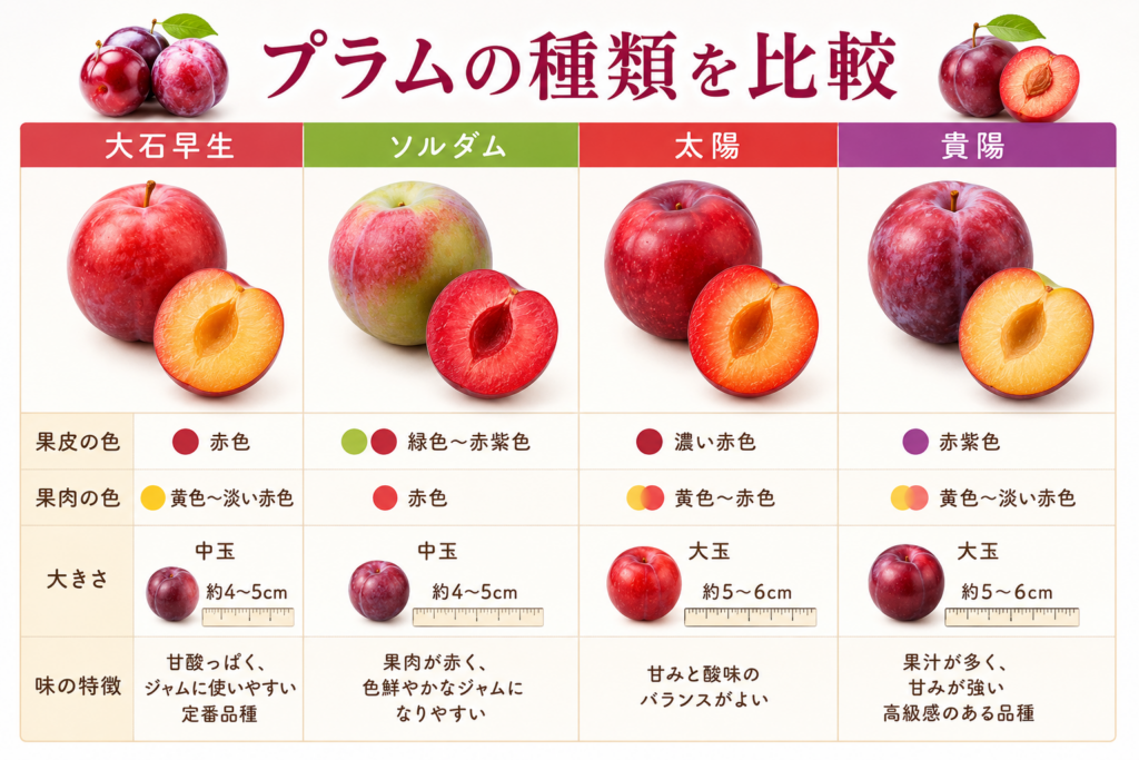 プラムの種類と色と大きさの比較