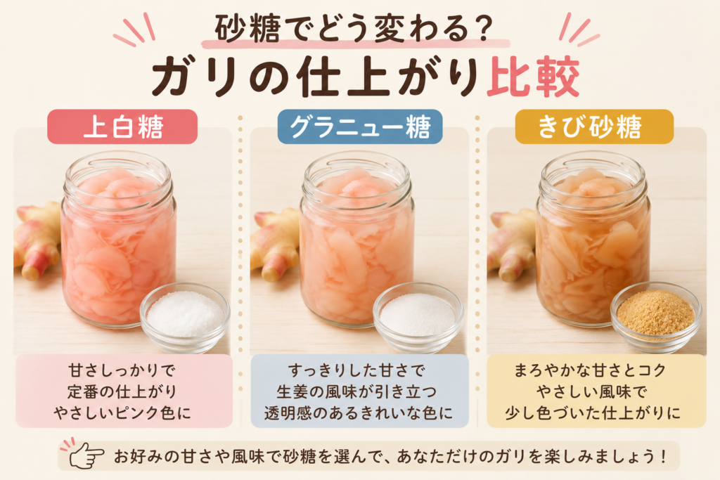 砂糖でどう変わる?ガリの仕上がり比較