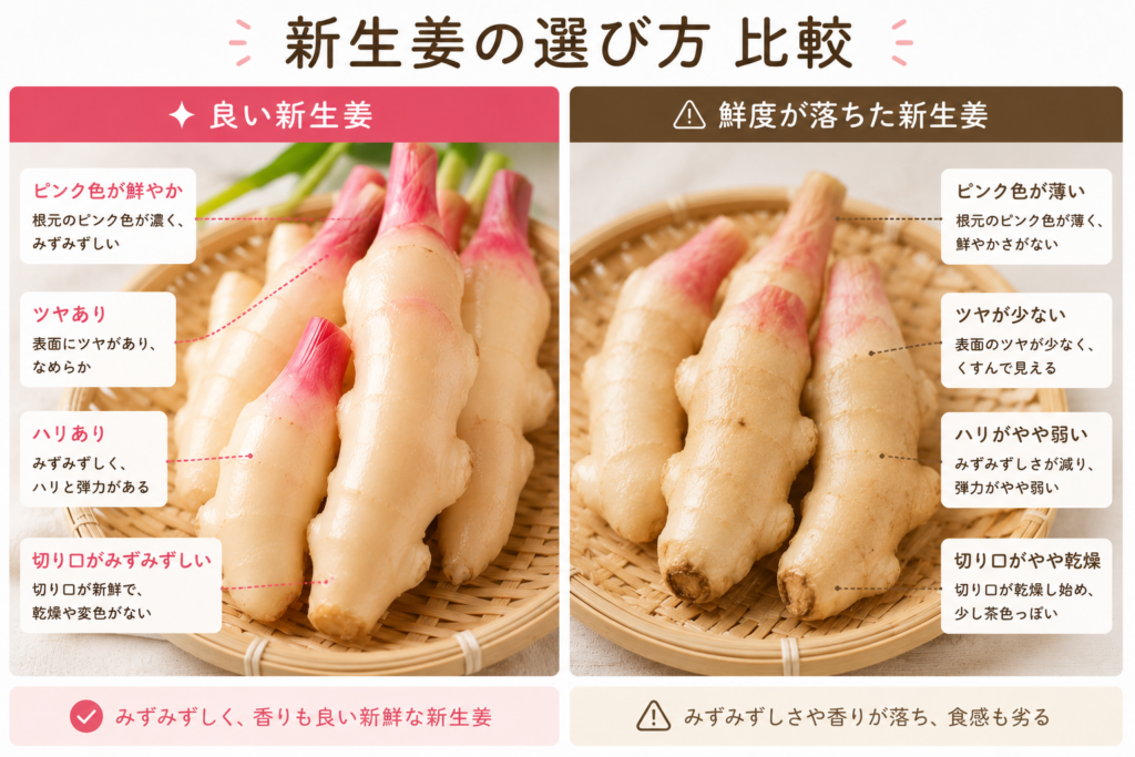 良い新生姜と鮮度が落ちた新生姜の比較