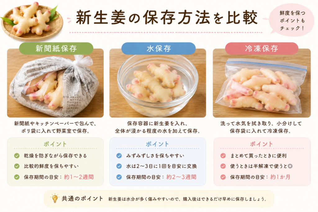 新生姜の保存方法の比較画像。新聞紙保存、水保存、冷凍保存。