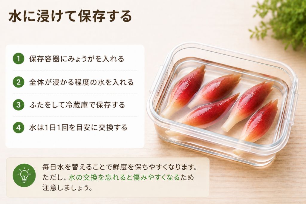 みょうがを水に浸けて保存する方法