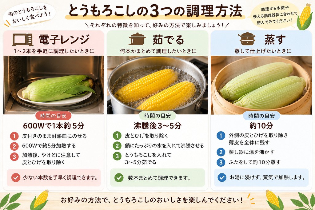 とうもろこしの電子レンジ・茹でる・蒸す調理方法の比較