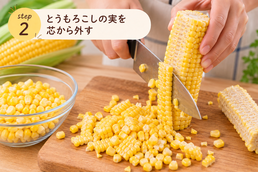 生のとうもろこしの粒を包丁で芯から外している様子