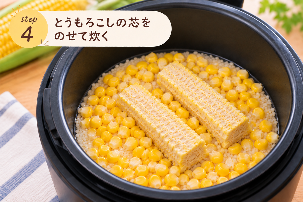 とうもろこしの実と芯を米の上にのせた炊飯前の様子