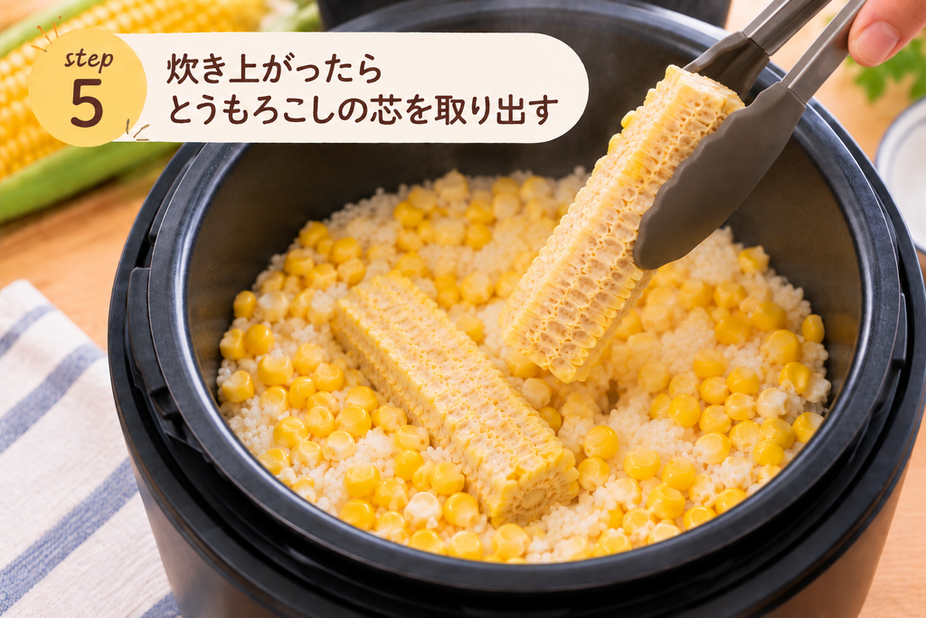 炊き上がったとうもろこしご飯からトングで芯を取り出している様子