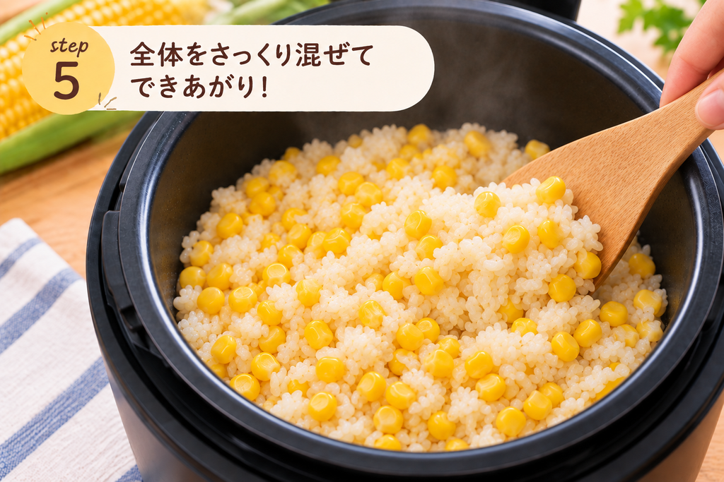 炊き上がったとうもろこしご飯をしゃもじでさっくり混ぜている様子