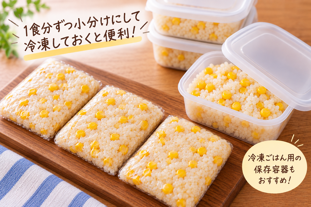 とうもろこしご飯を1食分ずつラップと保存容器に小分けした様子