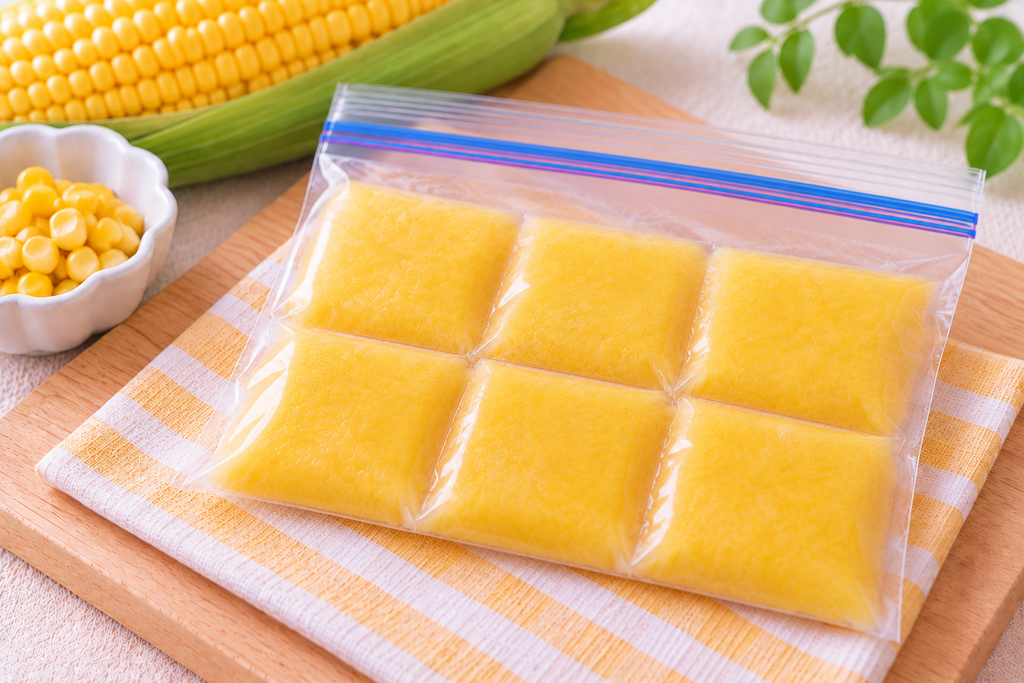 離乳食用のとうもろこしペーストをフリーザーバッグで小分け冷凍した様子