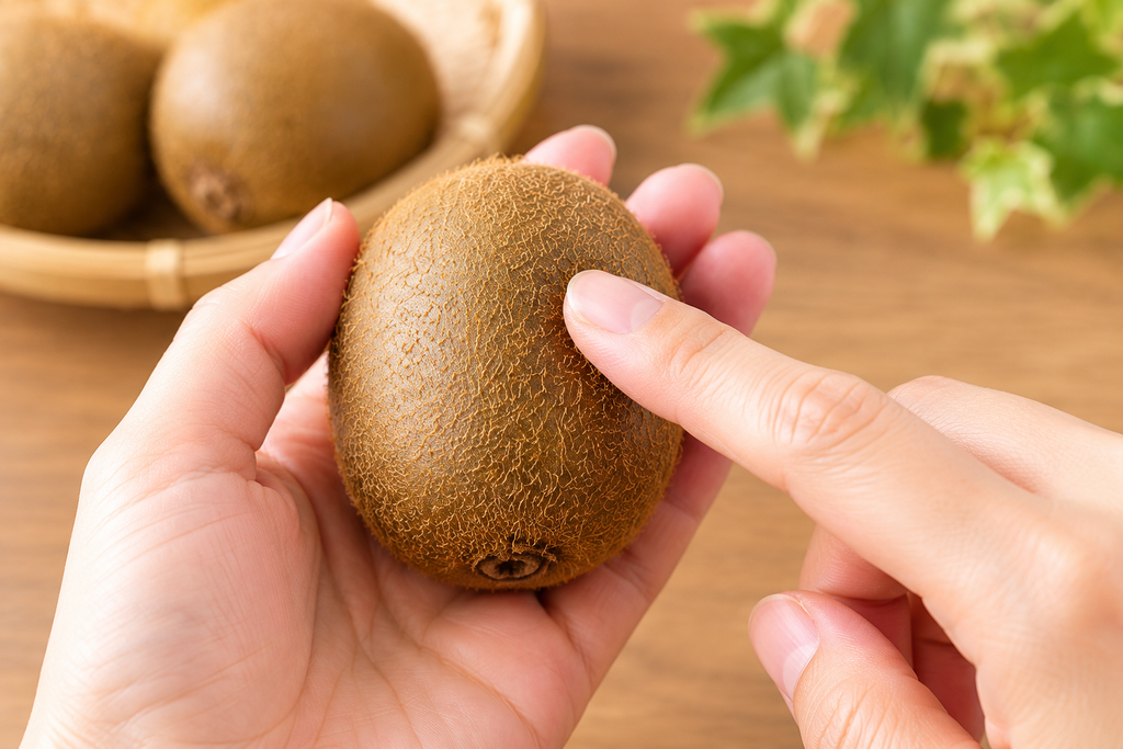 キウイをやさしく触って食べ頃を確認している様子